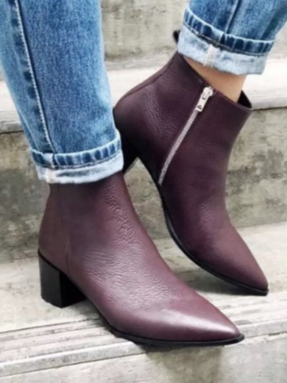 Everlane The Boss Ankle Boot Leather Pointed Toe Chunky Heel Burgundy Size 7.5